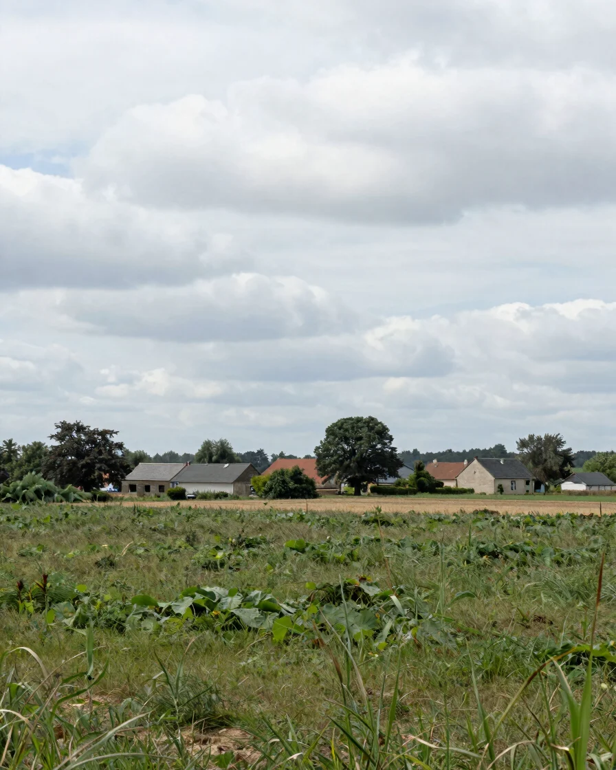 Plan large d'un paysage rural francophone en fin de matinée, lumi