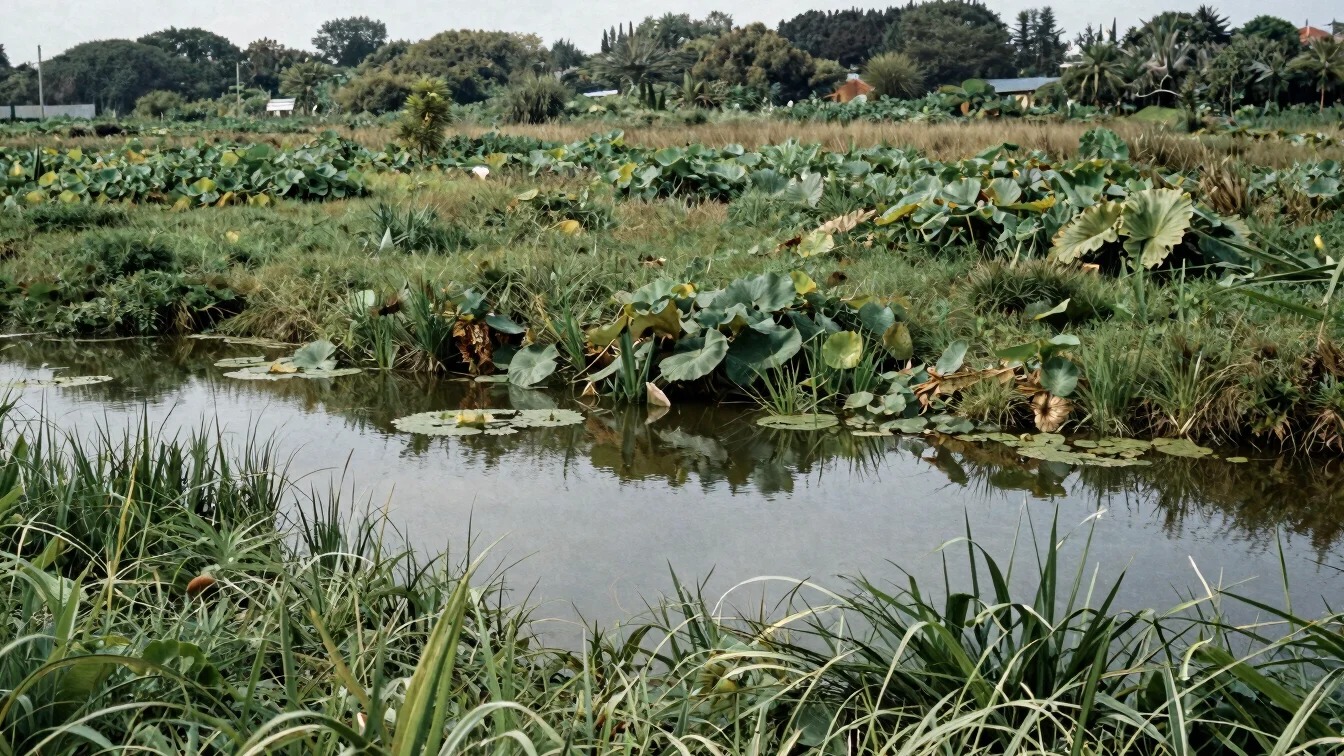 Détail de zone humide restaurée en plan rapproché, végétation indigène et eau peu profonde, lumière naturelle diffuse, p
